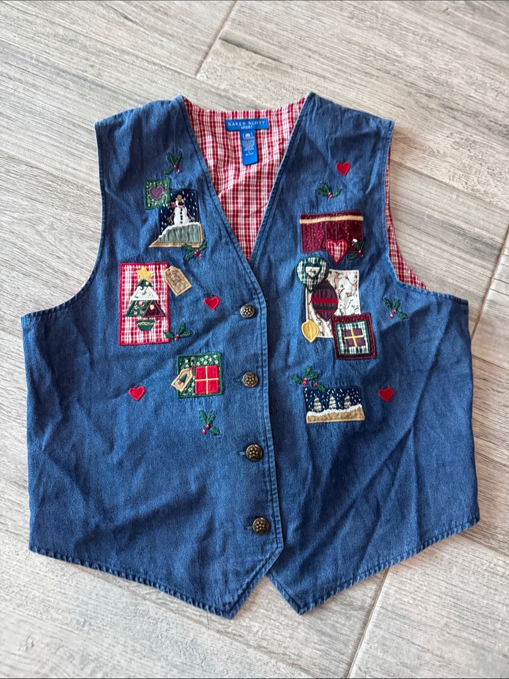 Vintage Karen Scott 100% Cotton Blue Soft Denim Embroidered Holiday Vest